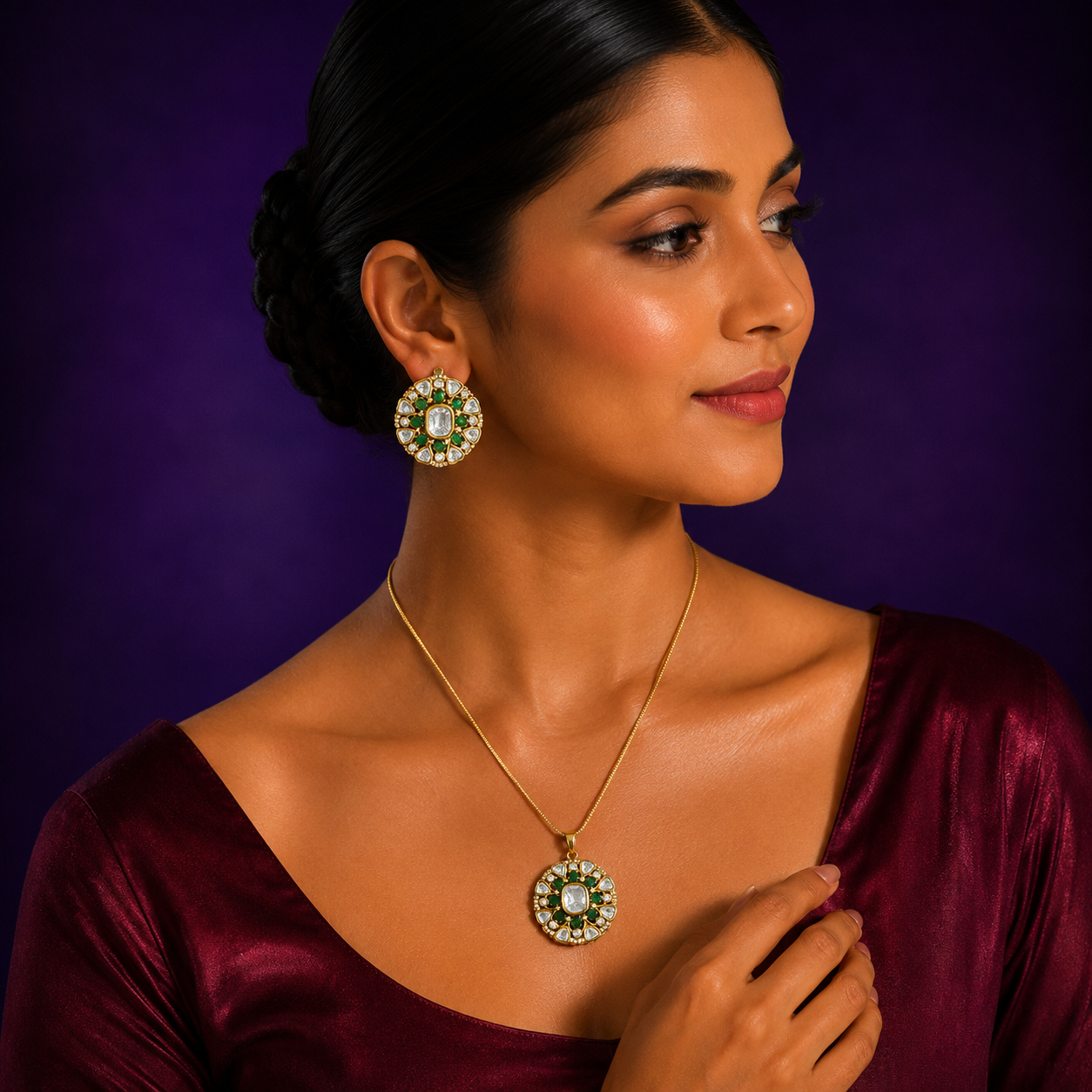 Kajal Green Sunheri Kundan Pendant Set