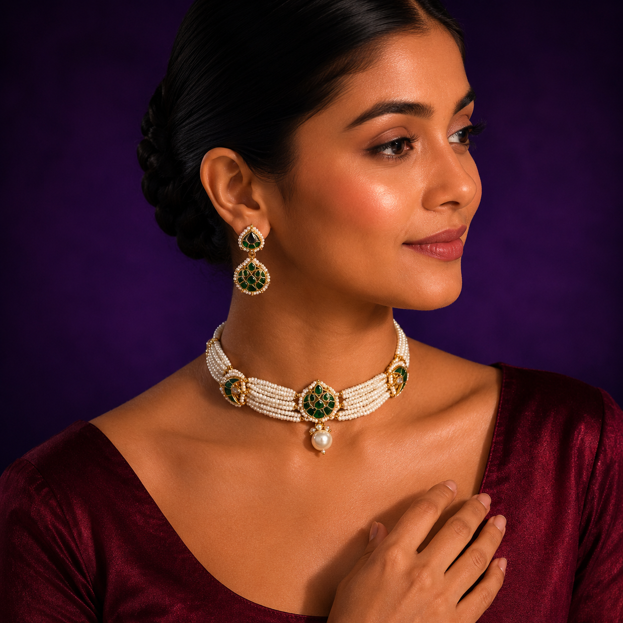 Rice Pearl Beading With Paachi Motives Necklace