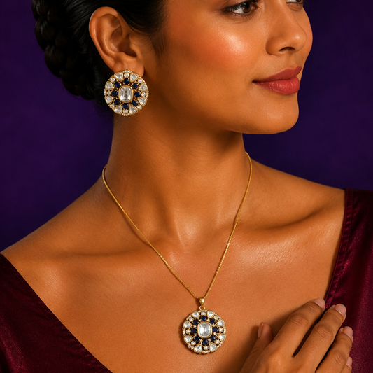 Kajal Blue Sunheri Kundan Pendant Set