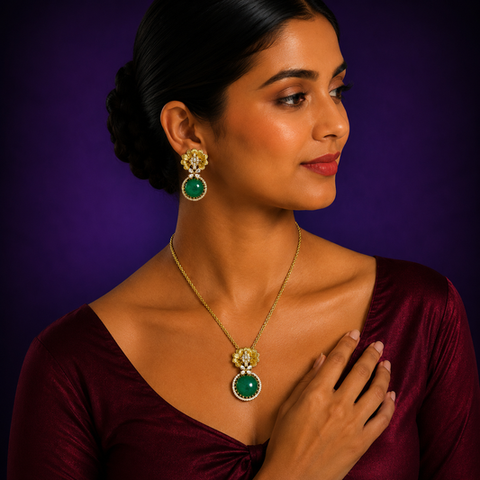 Floral Green Kundan Pendant Set