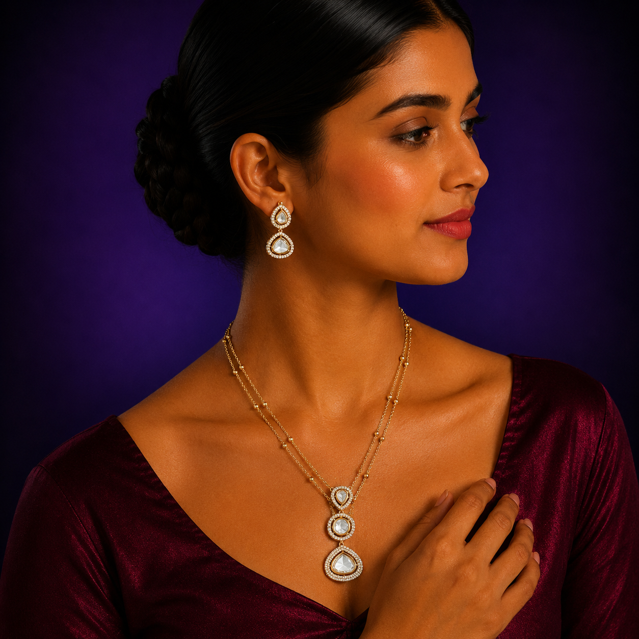 Polki Double Layer Pendant Set