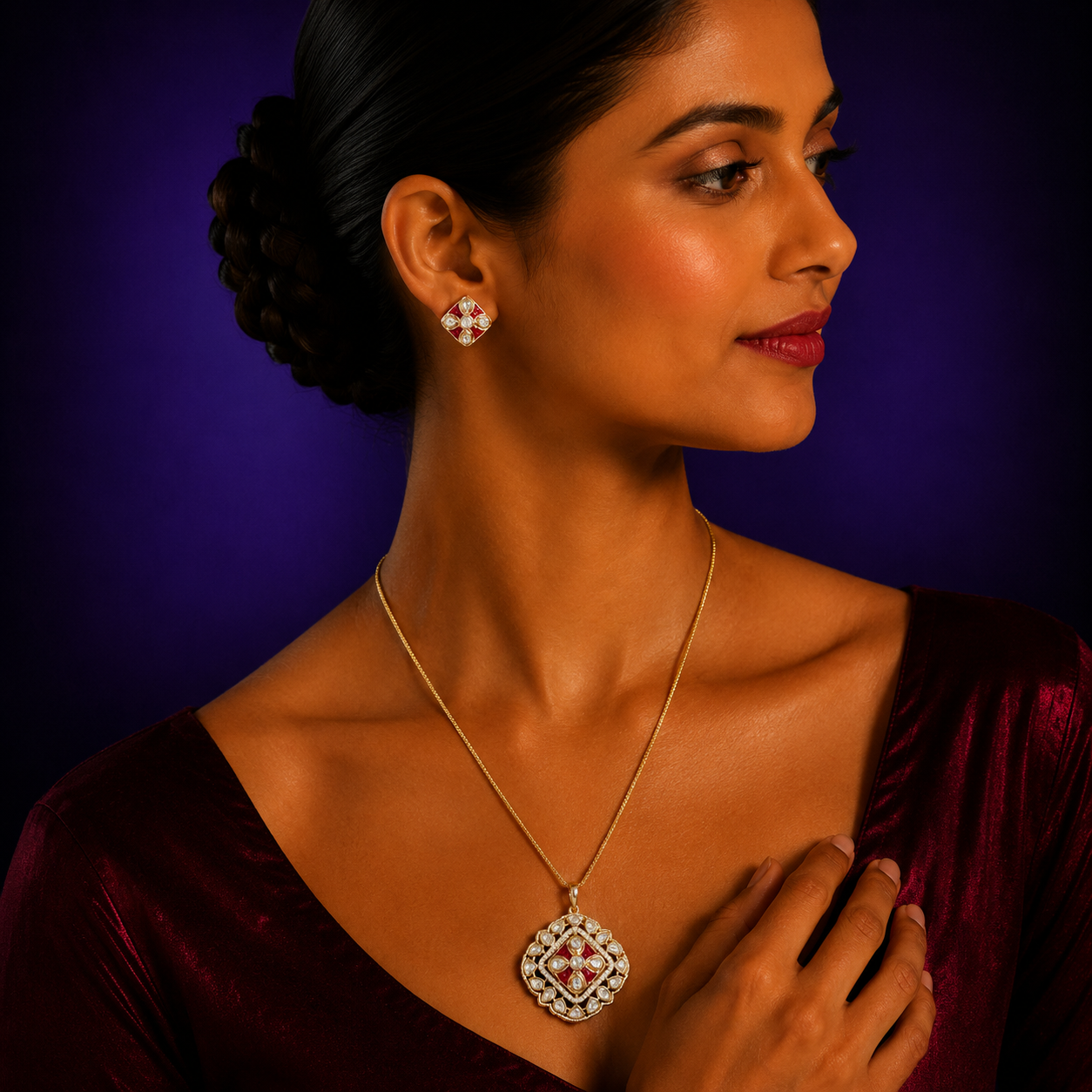 Red Meenakari Kundan Pendant Set