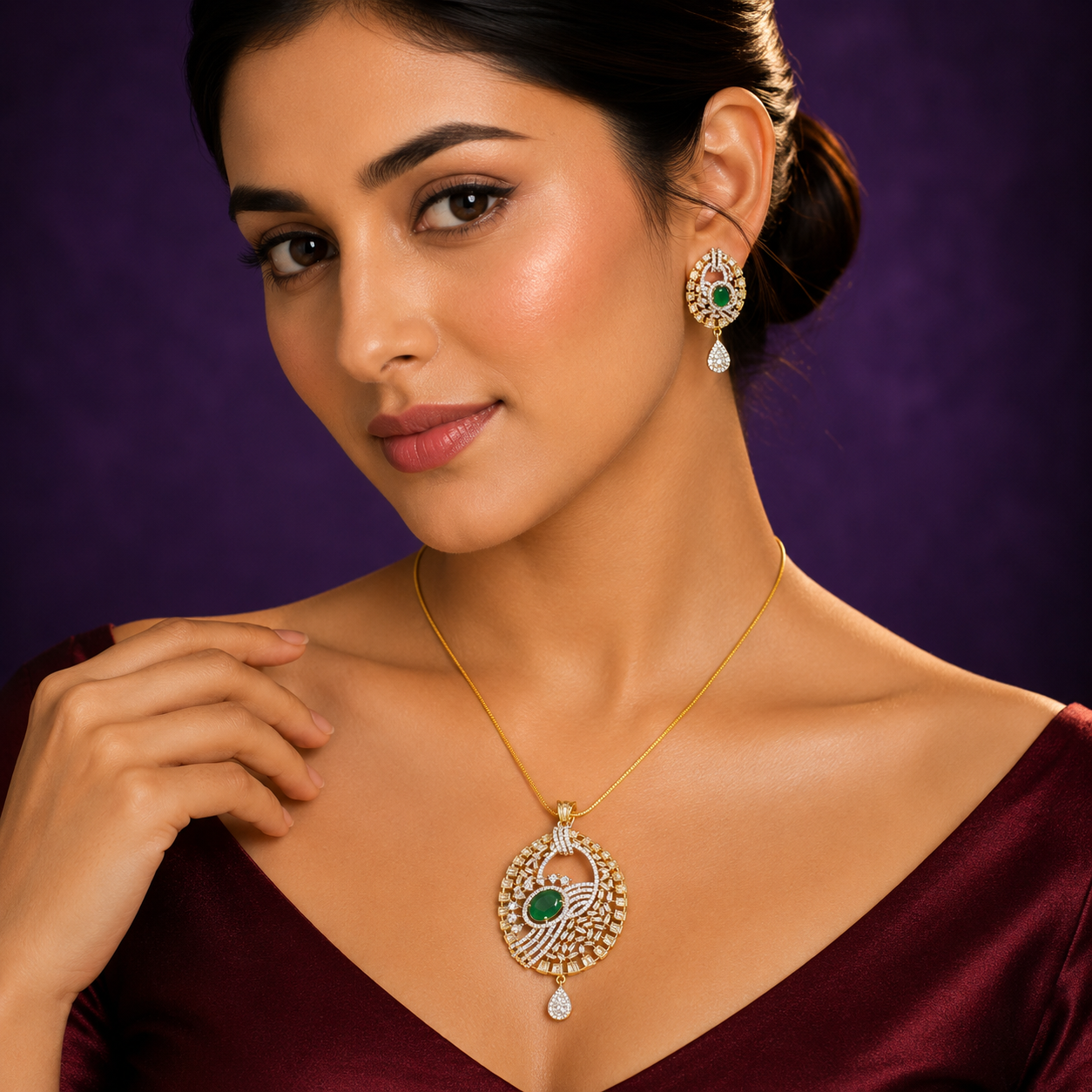 Green Cz Gold Pendent Set