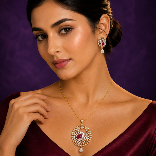 Red Cz Gold Pendent Set