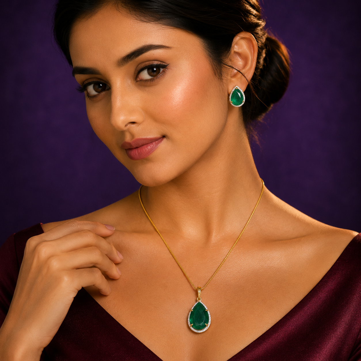 Green Doublet Gold Cz Pendent Set