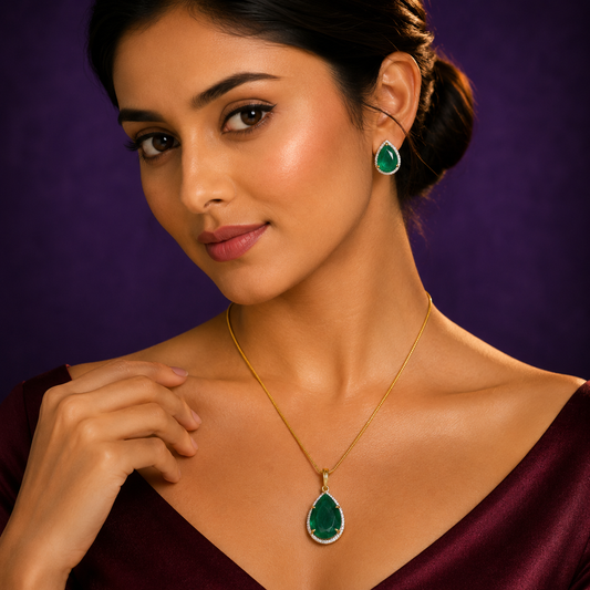 Green Doublet Gold Cz Pendent Set