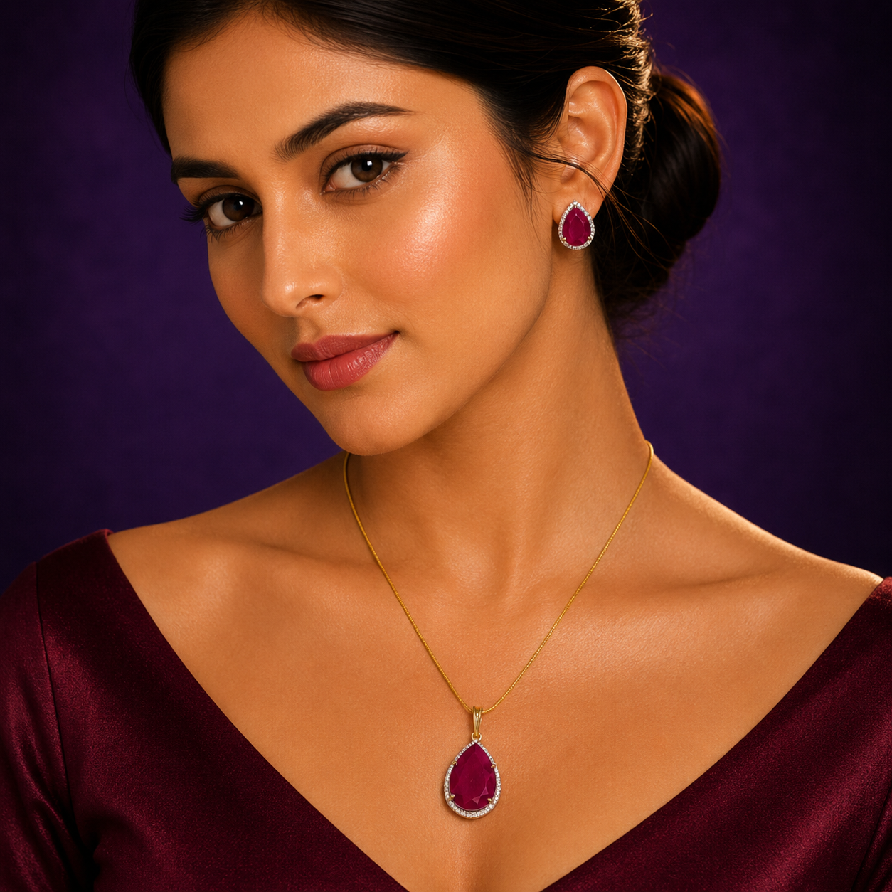 Ruby Doublet Gold Cz Pendent Set