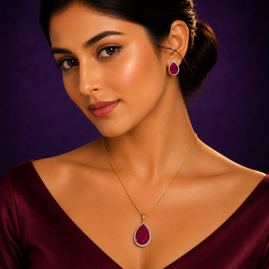 Ruby Doublet Gold Cz Pendent Set