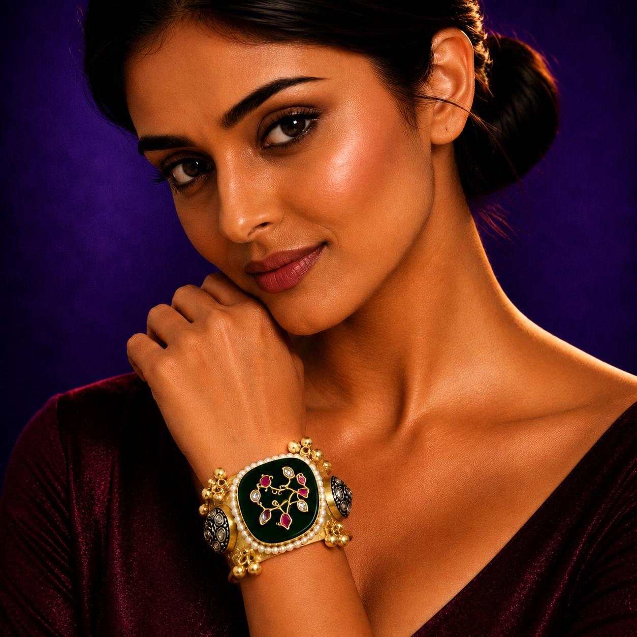 brass gold plated handcuff bracelet in green for woman