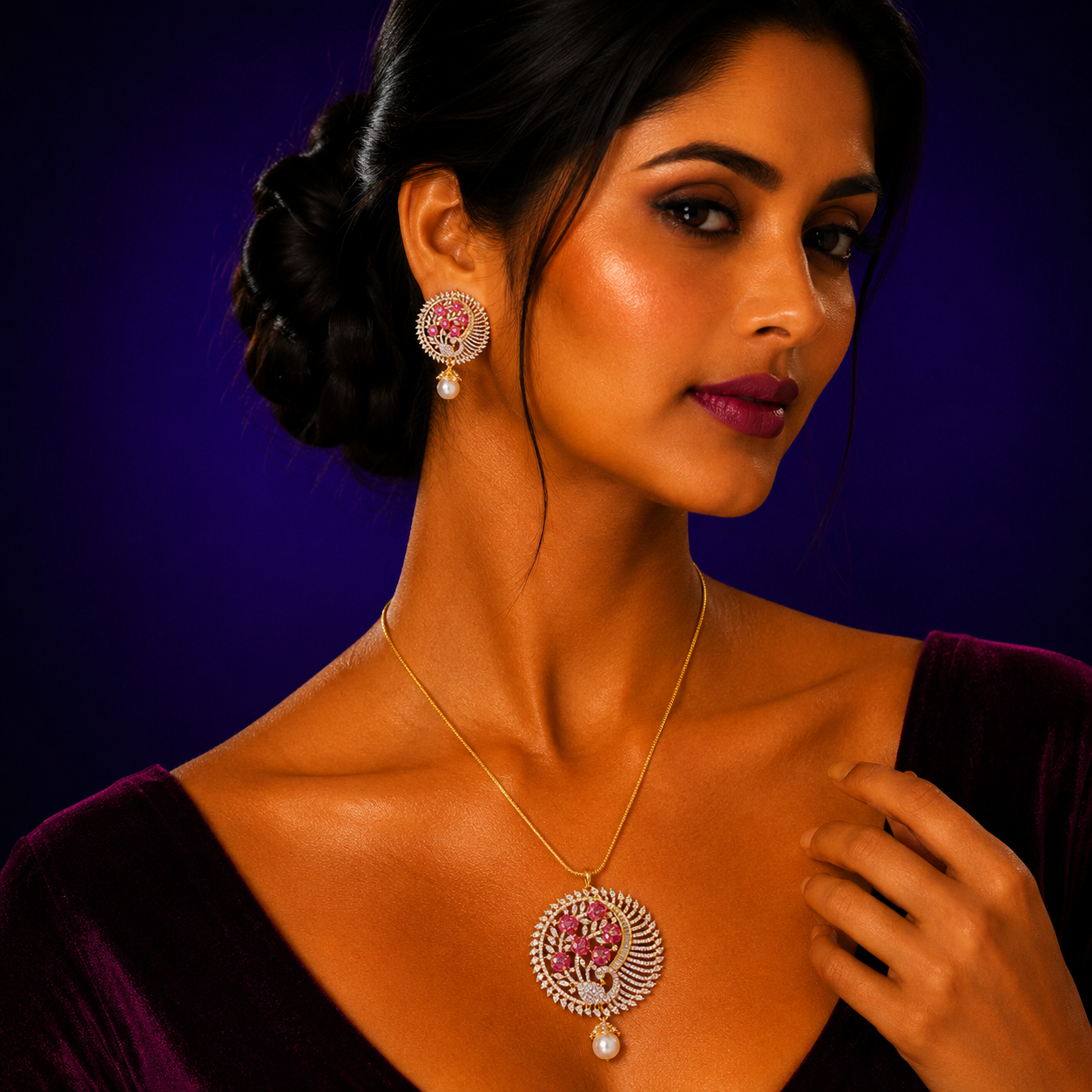 Ruby Cz Gold Pendant Set