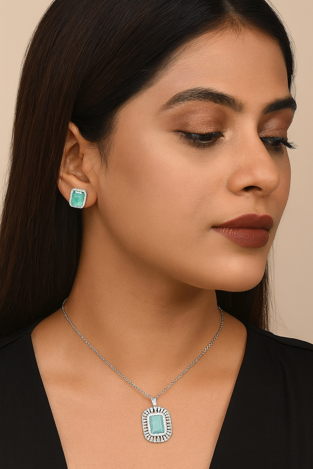 SILVER POLISH WITH MINT AD STONE PENDANT SET FOR WOMEN