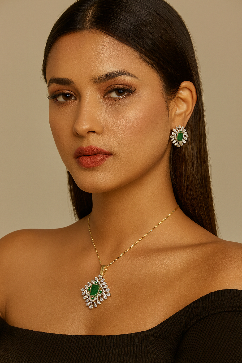 Elegant Green Emerald Cut Pendant & studs with Sparkling CZ Stones