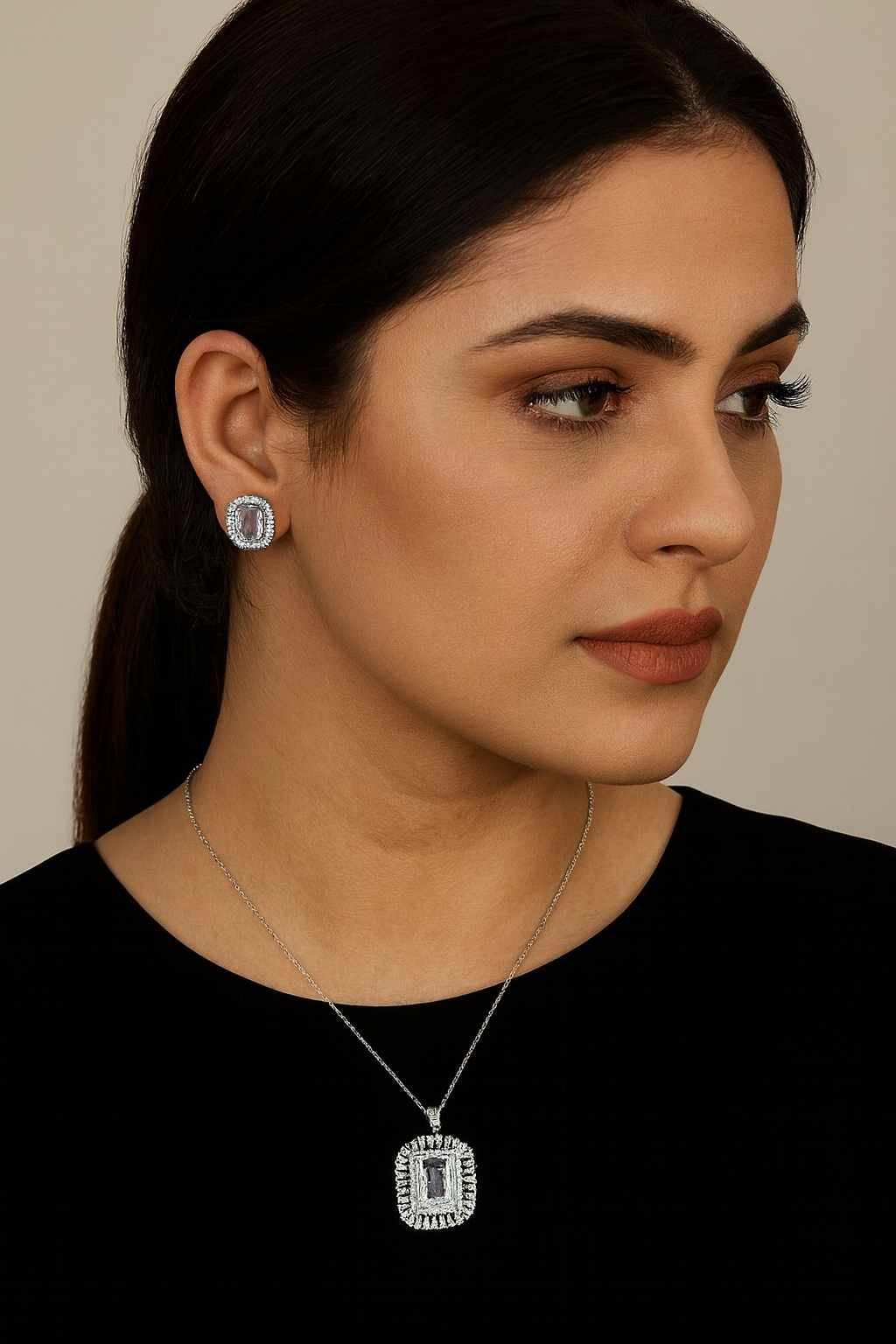 SILVER POLISH WITH WHITE AD STONE PENDANT SET FOR WOMEN
