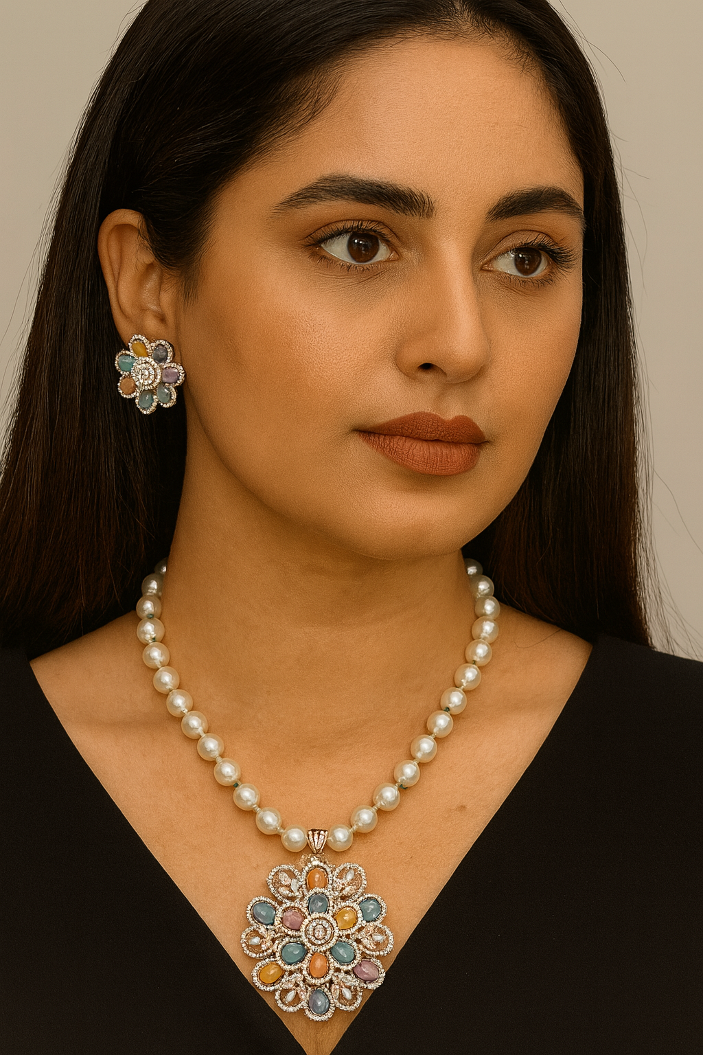 Multicolor Stone Floral Pendant & studs Set with Pearl Beaded Chain