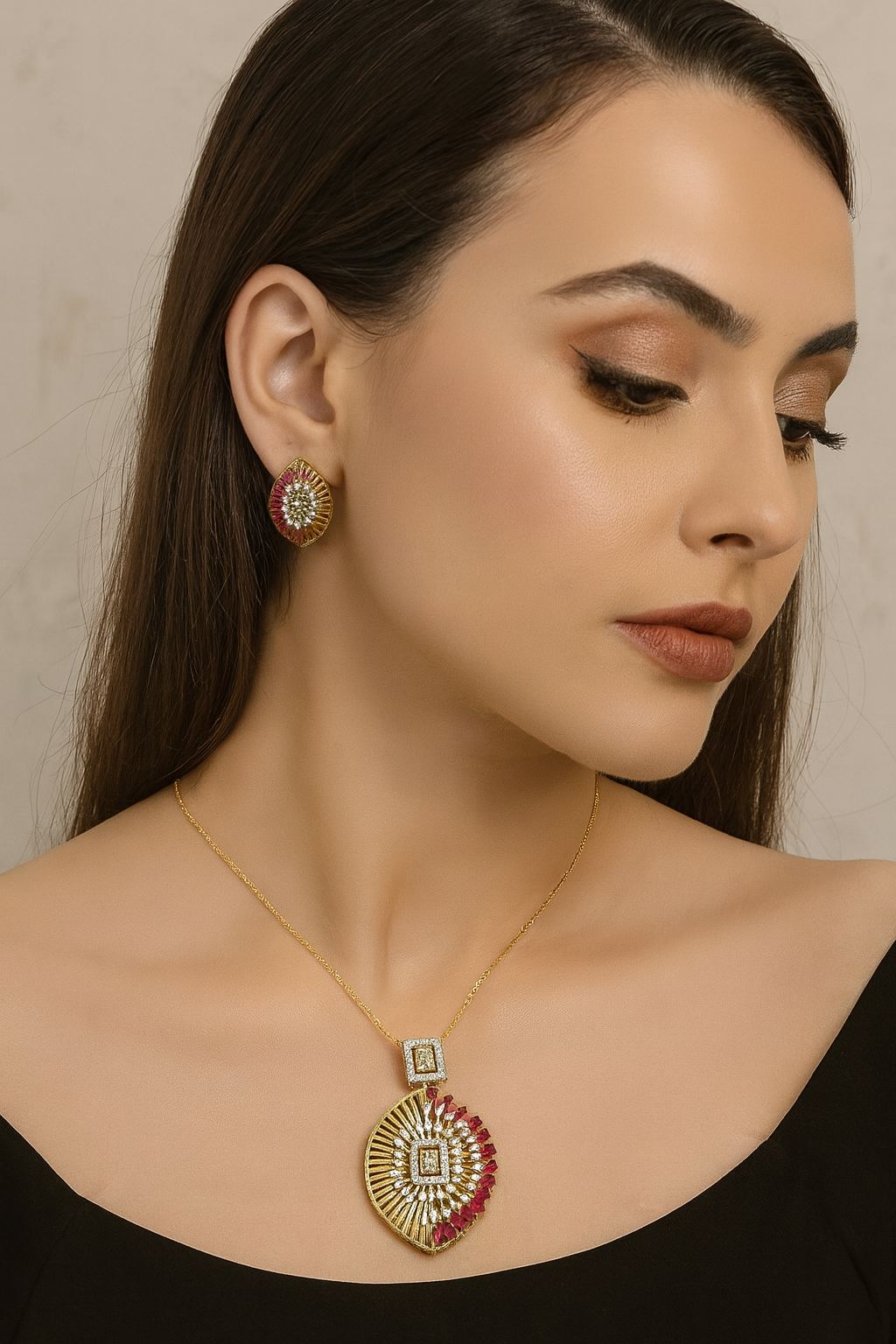 UNIQUE STYLISH GOLDEN POLISH WITH PINK AD STONE