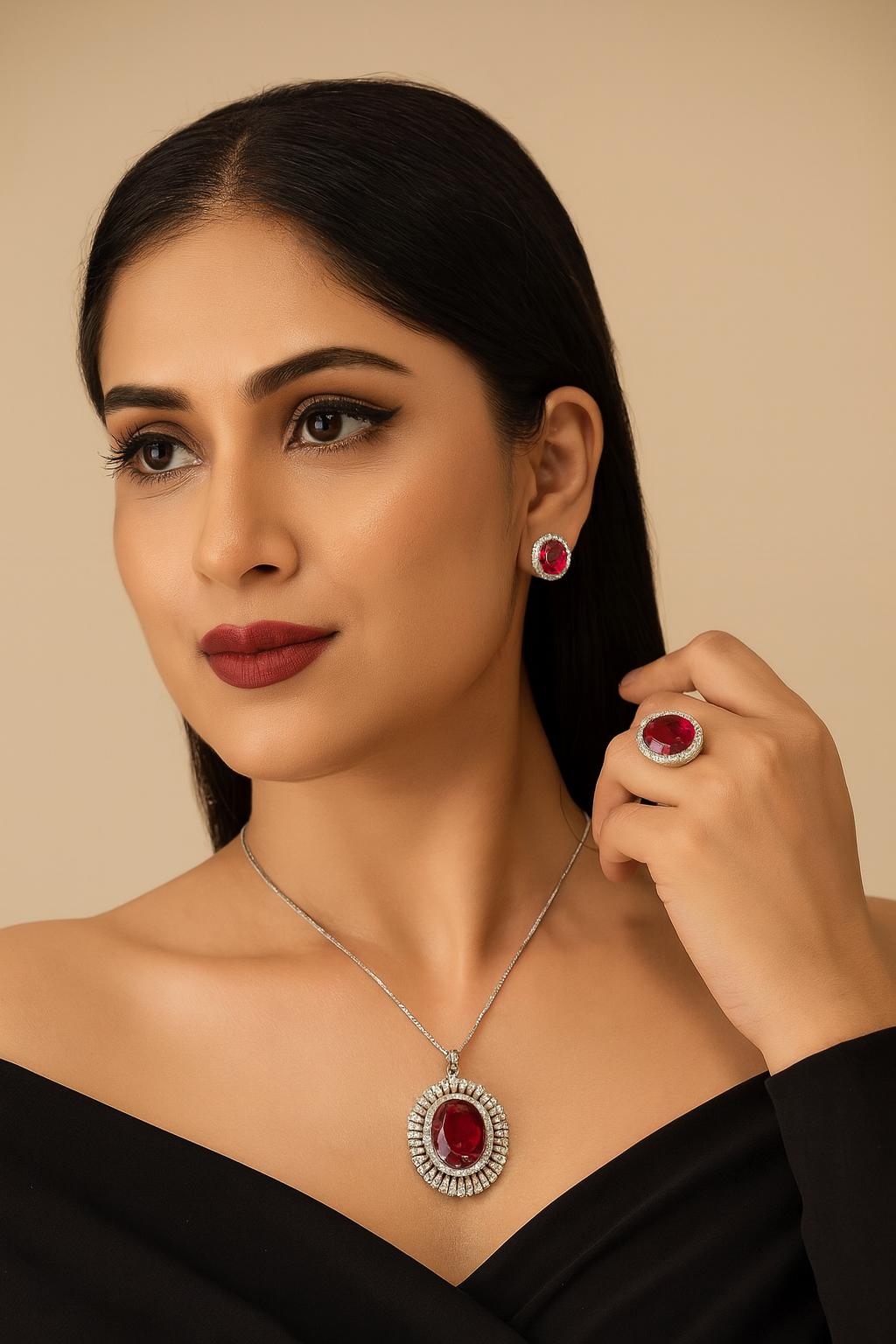BEAUTIFUL OVAL SHAPE RED CZ STONE PENDANT SET FOR WOMEN