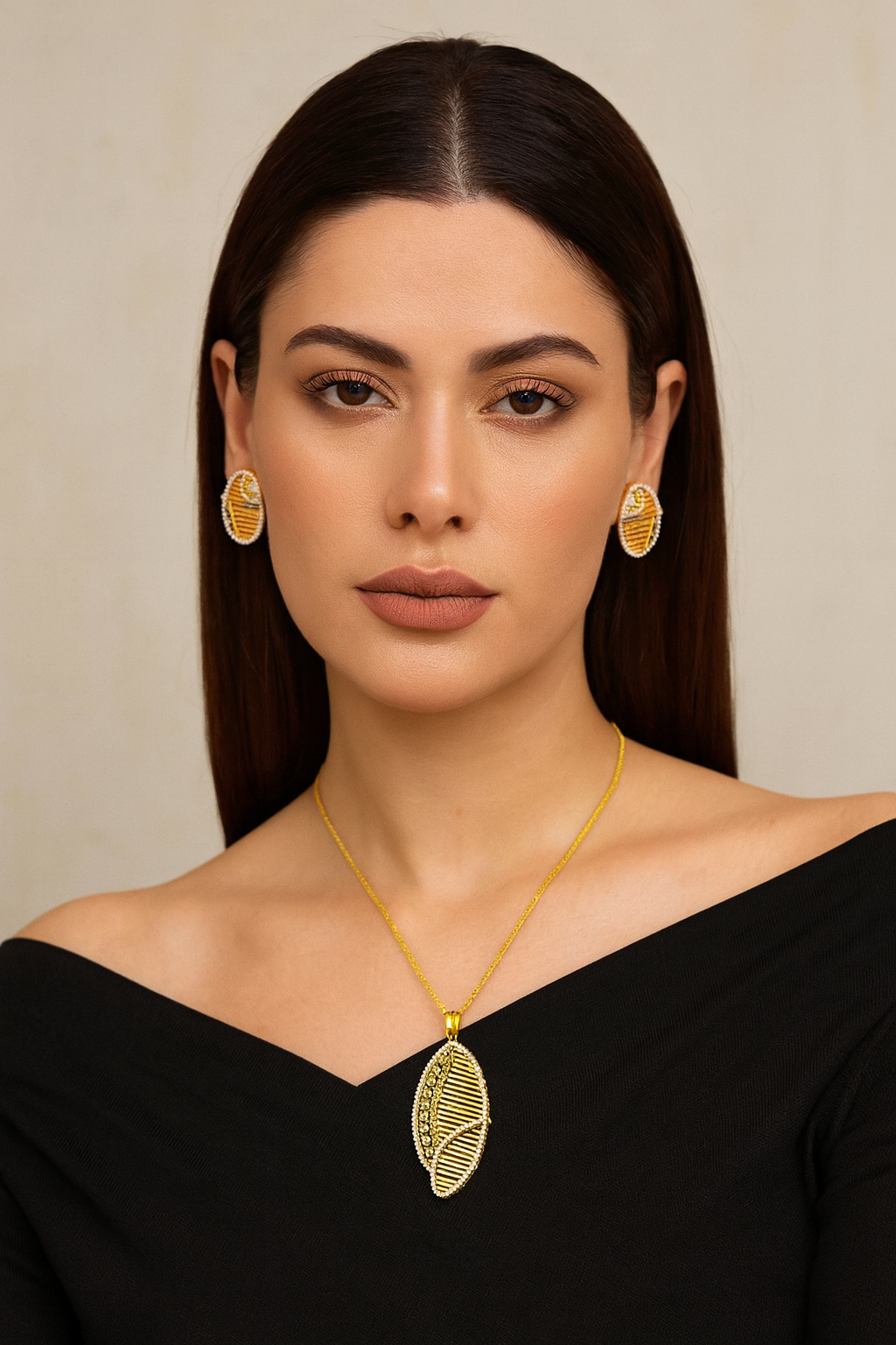 Gold Plated Leaf Design Pendant & studs Set with Sparkling CZ Stones