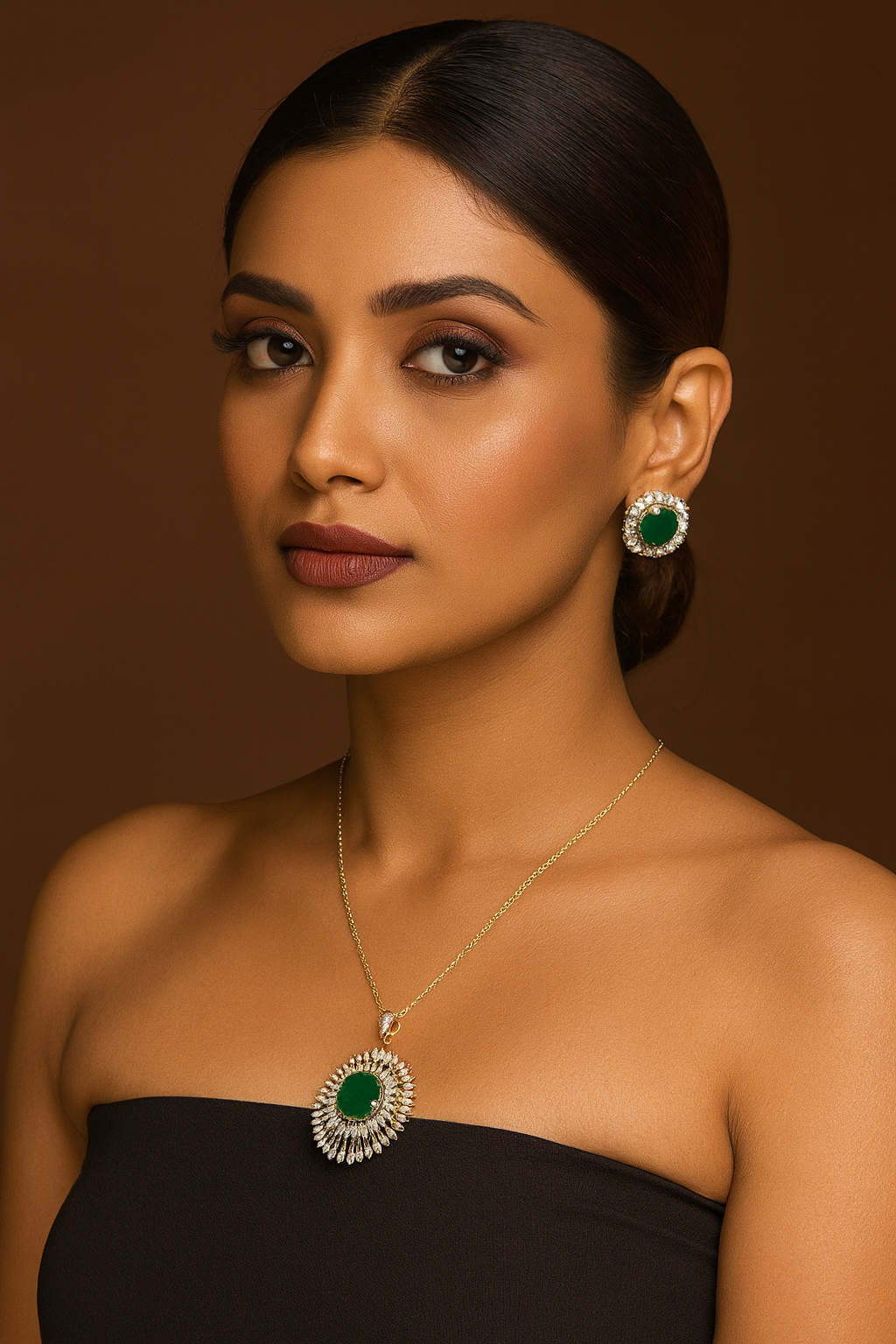 Elegant Green Stone Pendant & studs Set with Sparkling CZ Halo