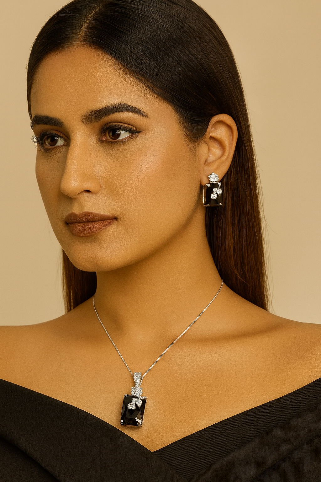 Black Stone Pendant, studs & Ring Set with CZ Floral Accents
