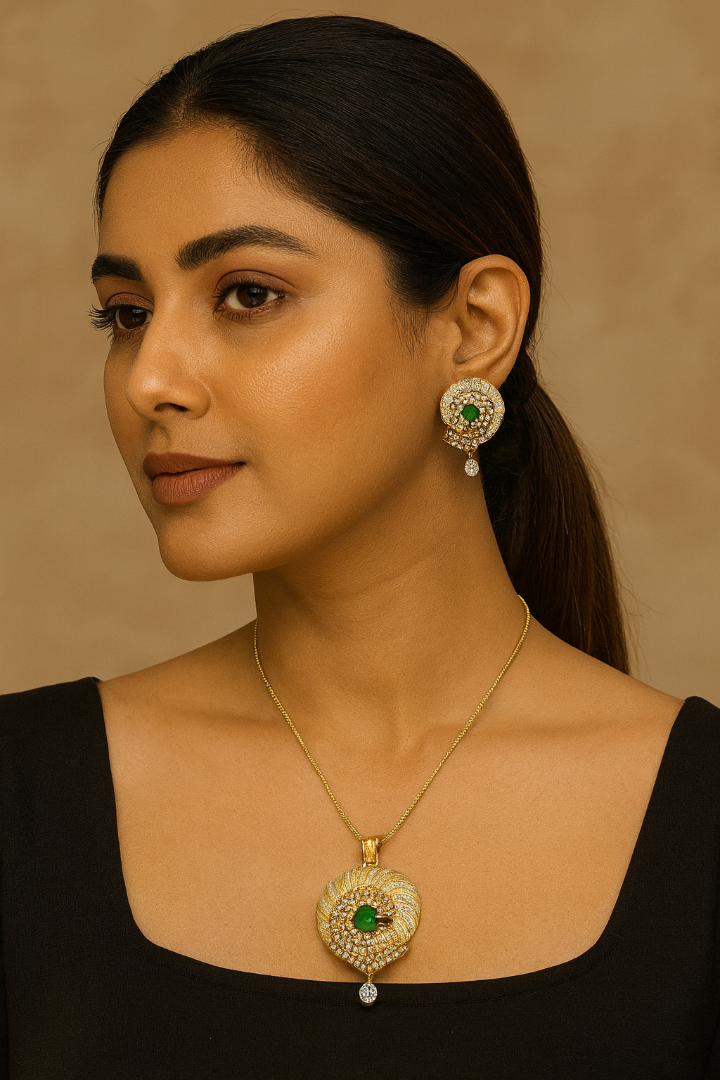 GOLD POLISH WITH GREEN STONE FOR WOMEN