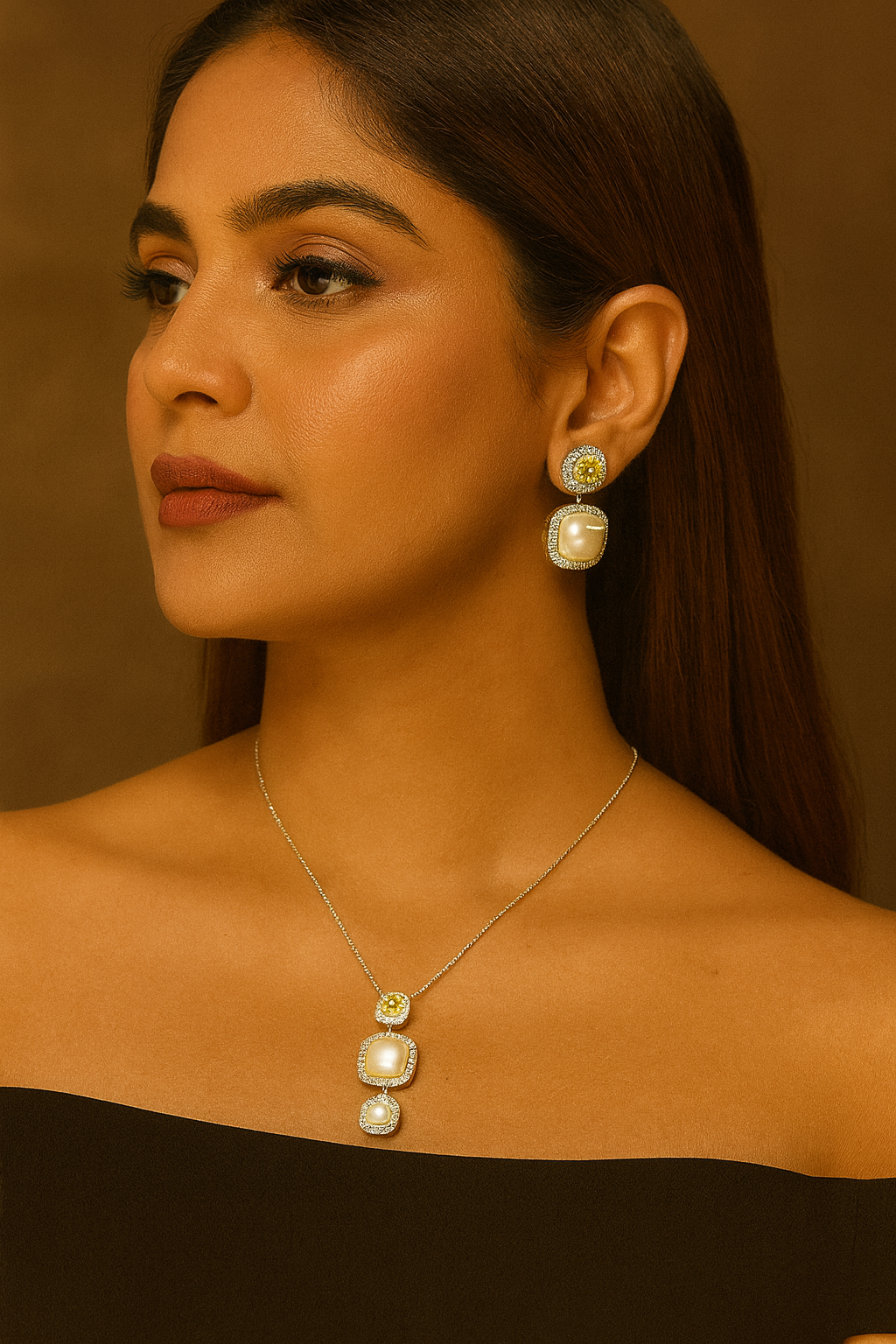 WHITE PEARLS AD STONE PENDANT SET FOR WOMEN