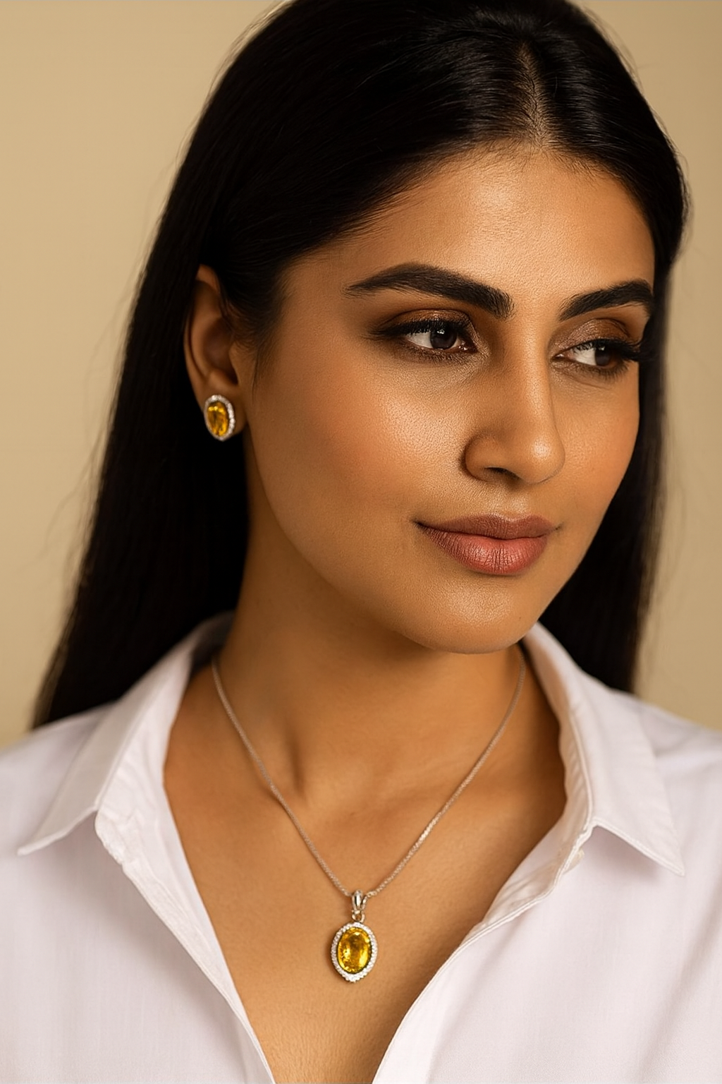 Golden Yellow CZ Pendant Set ,Earrings & Ring in Silver Finish with Halo Design