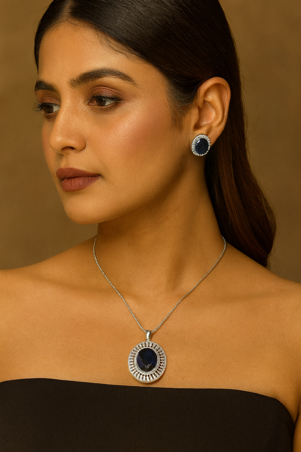 BEAUTIFUL OVAL SHAPE BLUE CZ STONE PENDANT SET FOR WOMEN