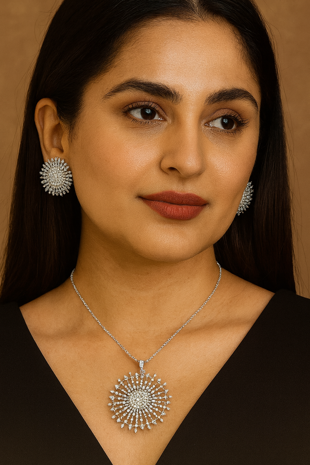 Sparkling CZ Sunburst Pendant Set with studs for women and girls