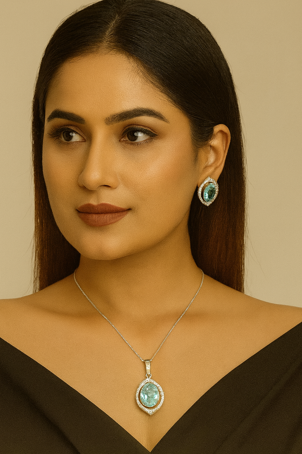 Elegant Aqua Blue CZ Pendant Set ,studs & Ring with Halo Design