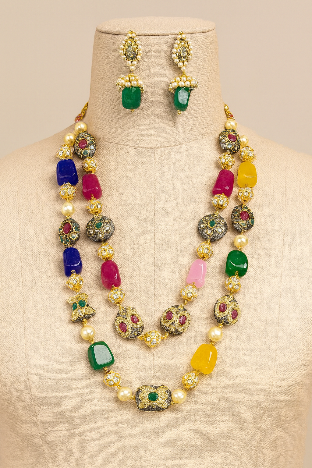 Jaipuri mala tanjore and coloured beads in three layered for women
