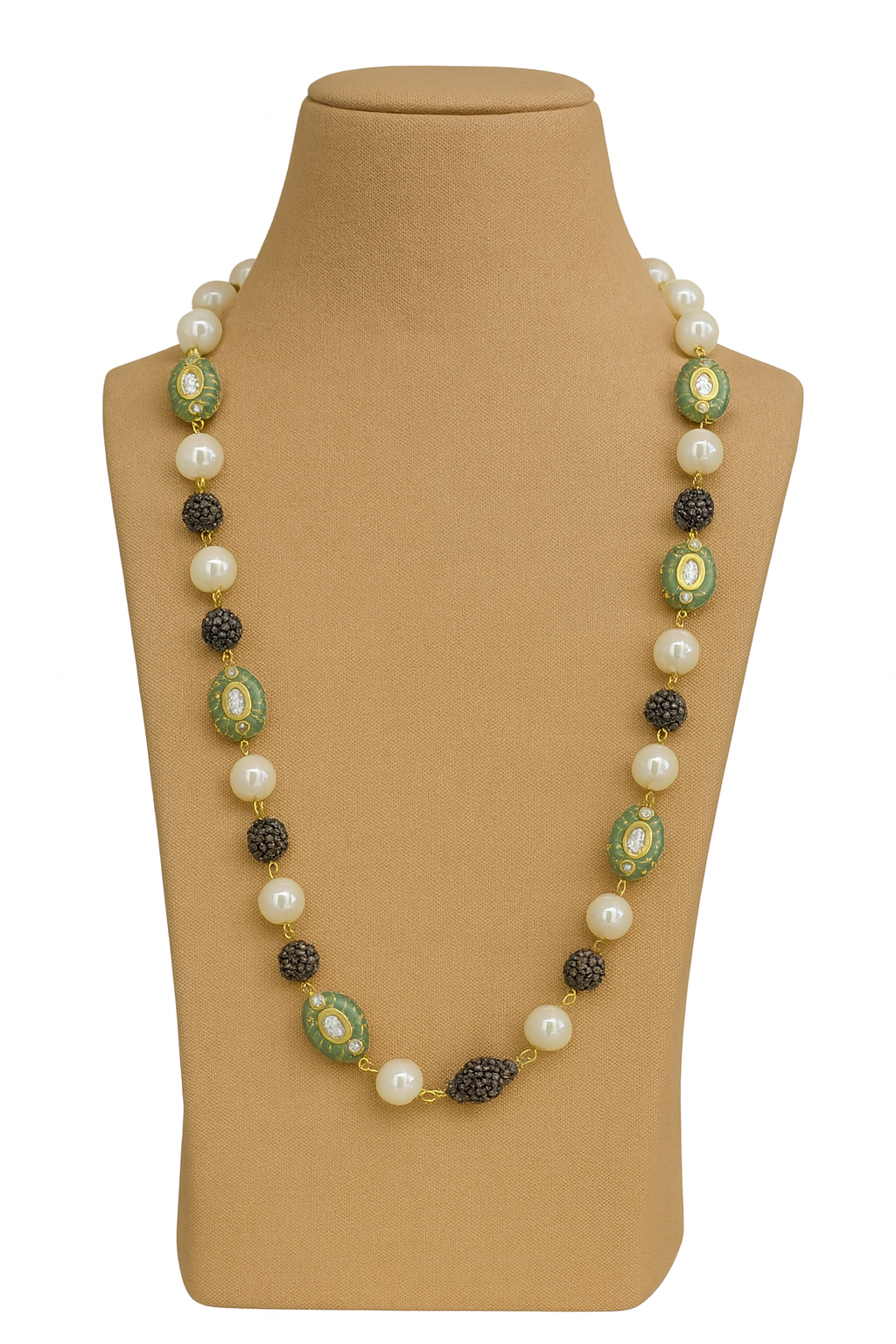 oval natural with mint beads and pearls mala for women
