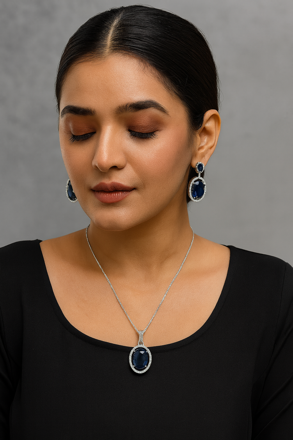 Silver Plated  Blue Stone Pendant & Studs Set for Women