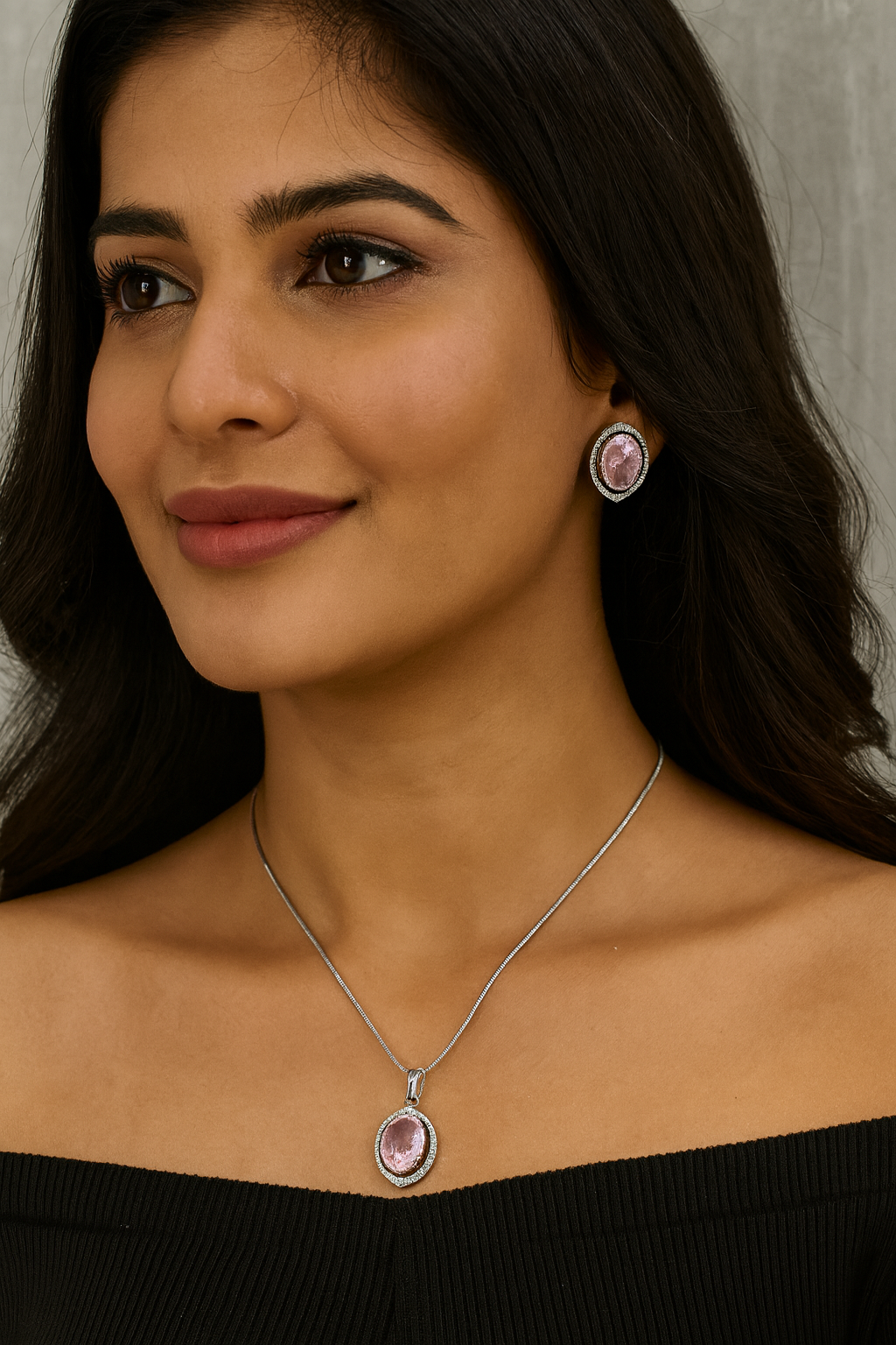 Golden Pink CZ Pendant Set ,Earrings & Ring in Silver Finish for women
