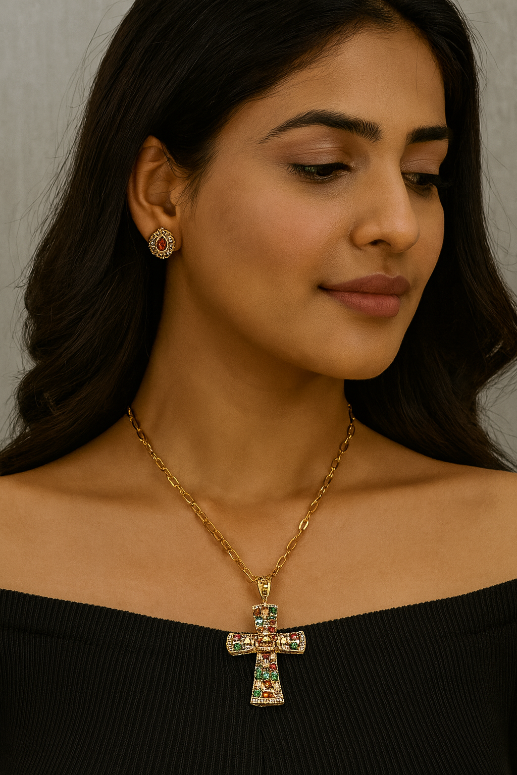 Gold Finish Cross Pendant Set with Earrings Multi-Color CZ Stones