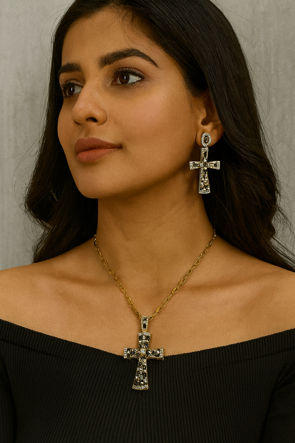 Gold Finish Black & White CZ Cross Pendant Set with studs