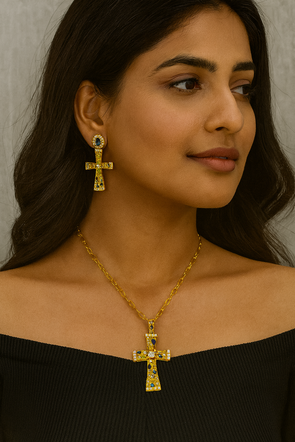 Gold Finish Cross Pendant Set with Earrings Blue & Yellow CZ Stones