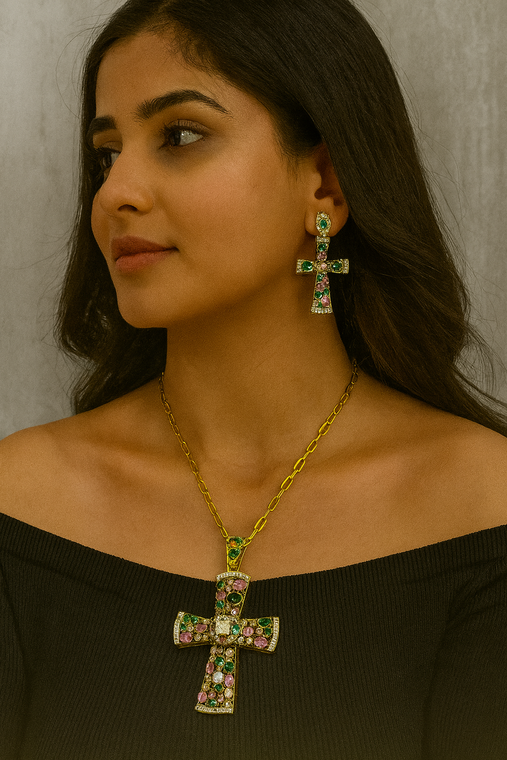 Gold Finish Cross Pendant Set with Earrings Green & Pink CZ Stones