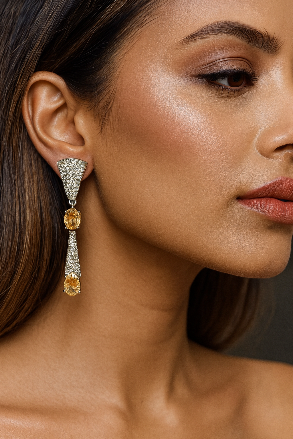 Elegant Long Drop Earrings with Yellow Gemstones