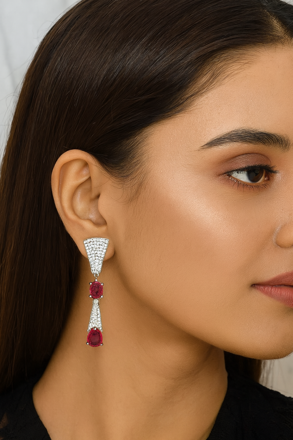 Red Gemstone Drop Earrings with CZ Pave