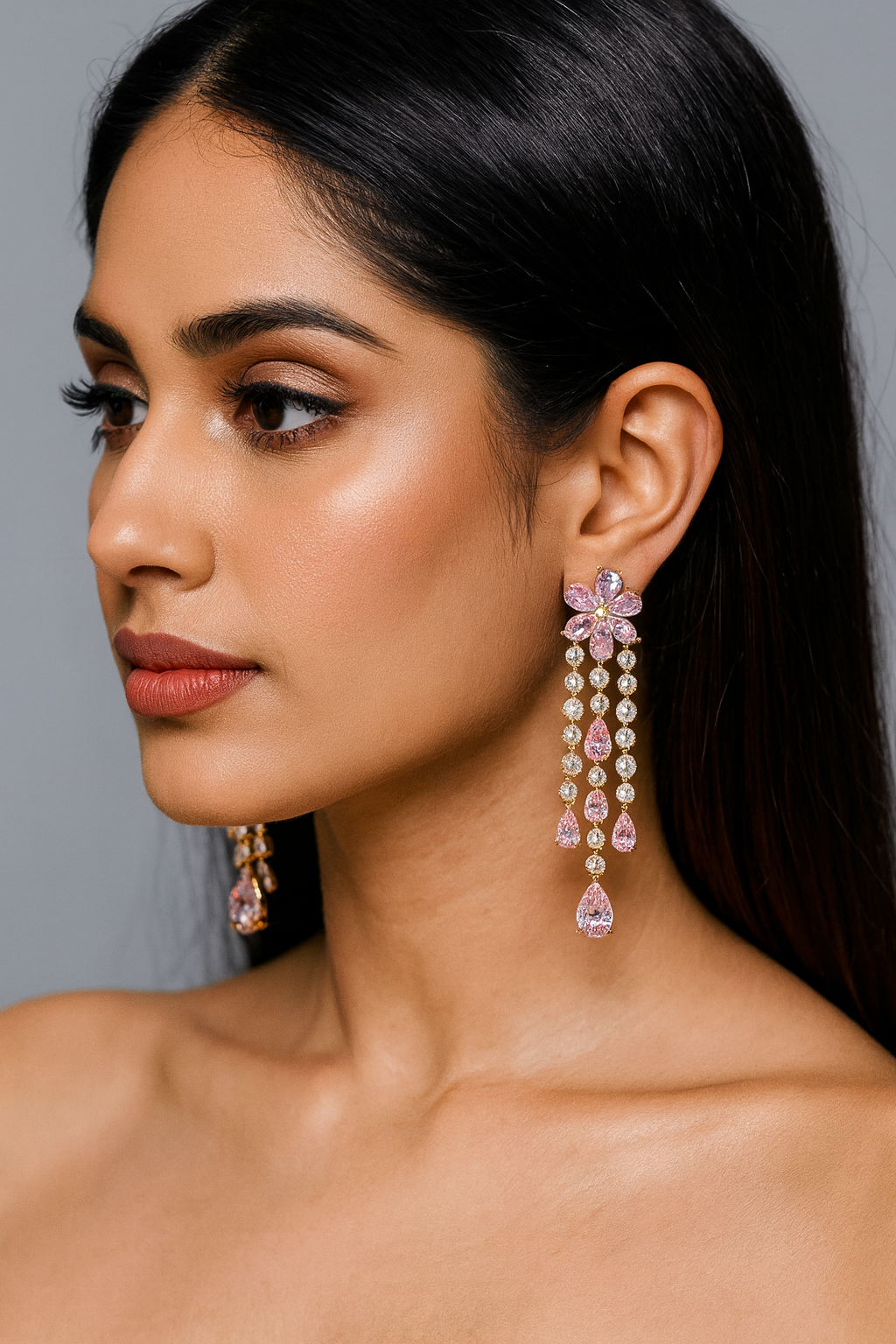 Pink Crystal Flower Drop Earrings