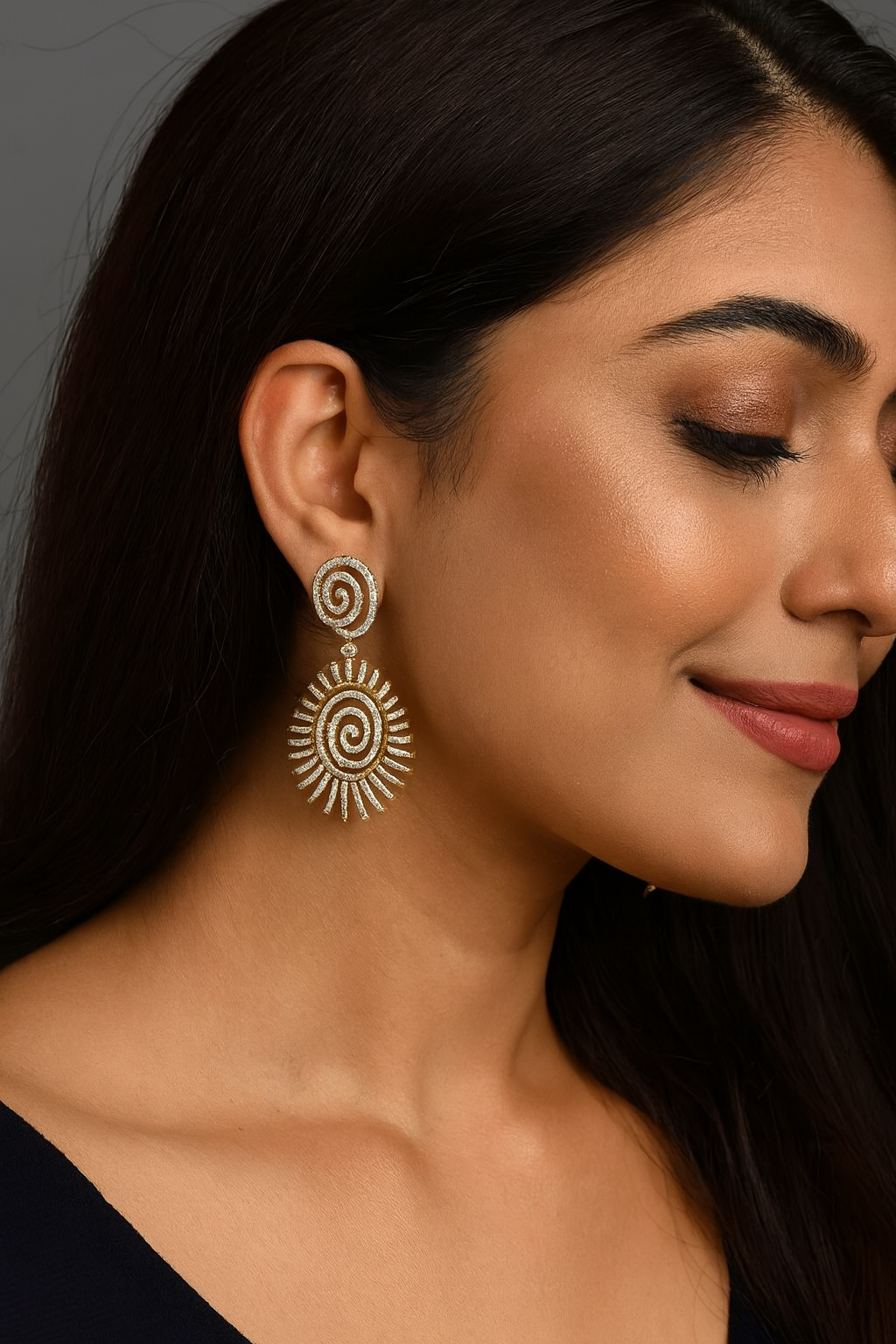 Gold & Silver Spiral Sunburst Statement Earrings with Crystal Detailing