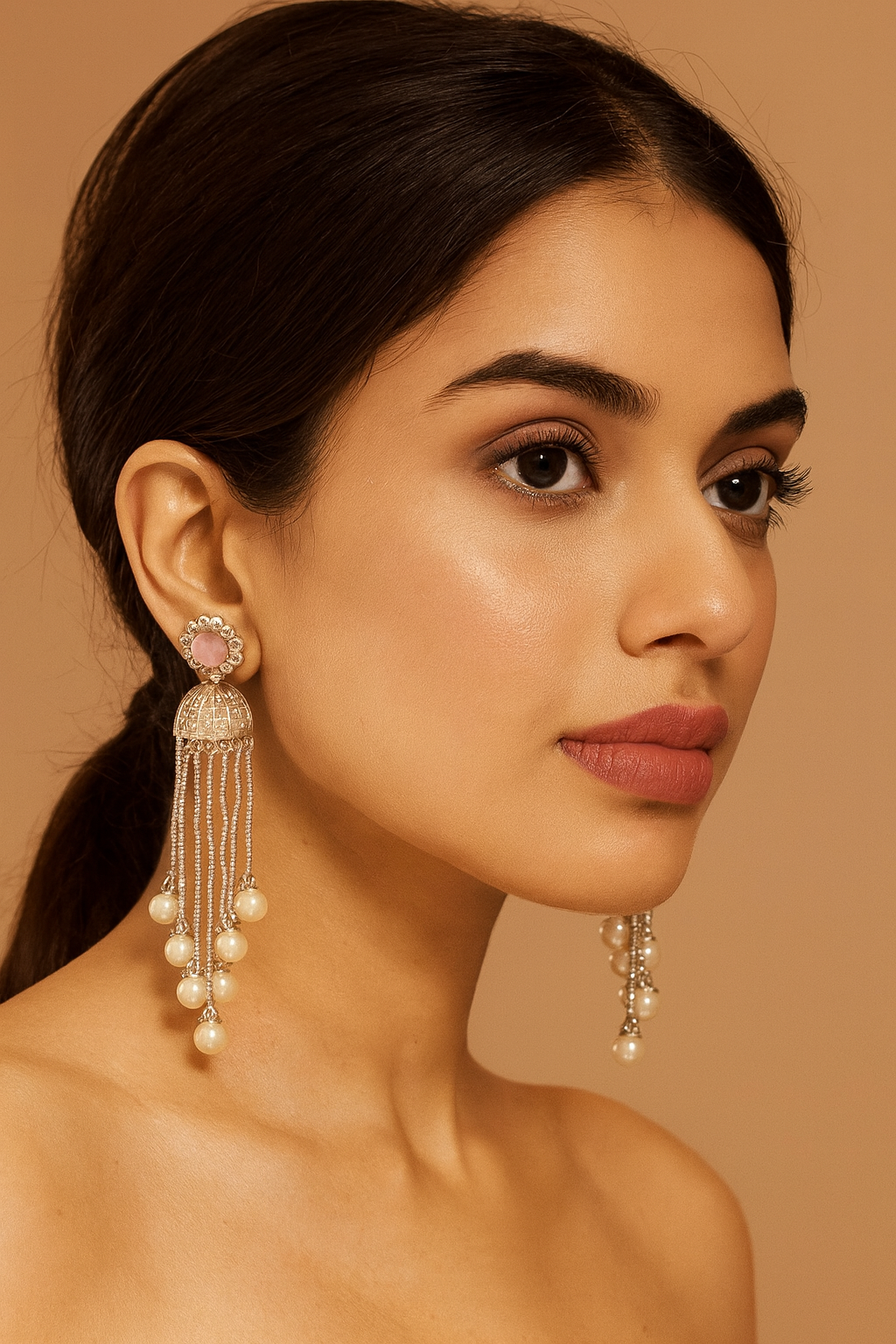 Silver Drop Earrings with Pink Stone, Crystal  & Pearl Tassels
