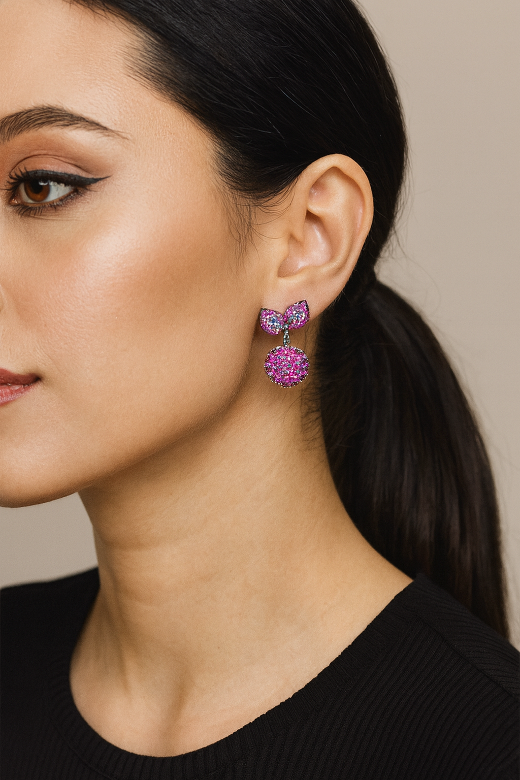 Invisible setting  Pink colour Ball & Leaf  Earrings