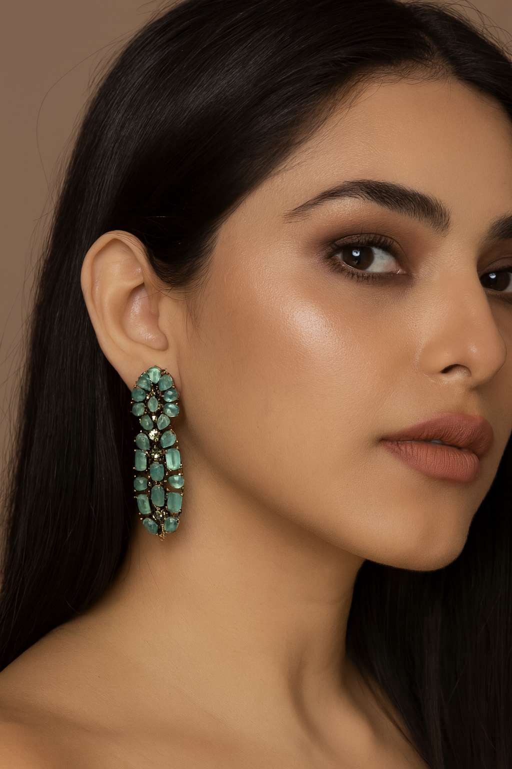 Elegant Mint Crystal Floral Drop Earrings with Gold Detailing
