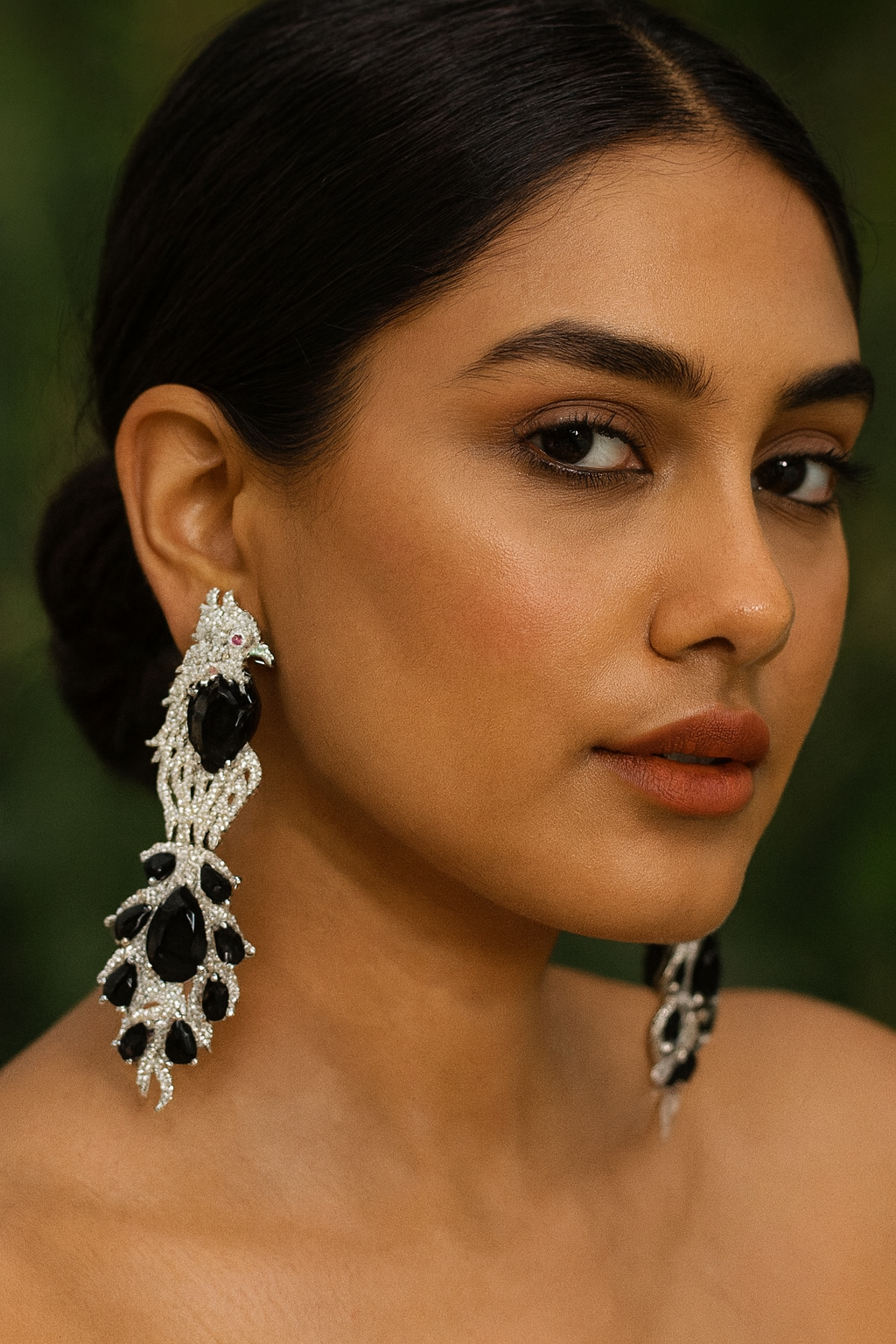 Elegant Peacock Inspired Drop Earrings with Black Stones