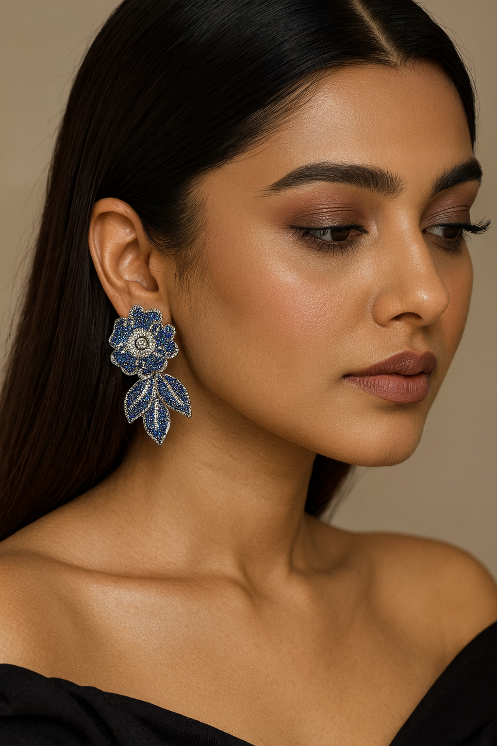 Sapphire Blue Flower Earrings with Sparkling Leaves