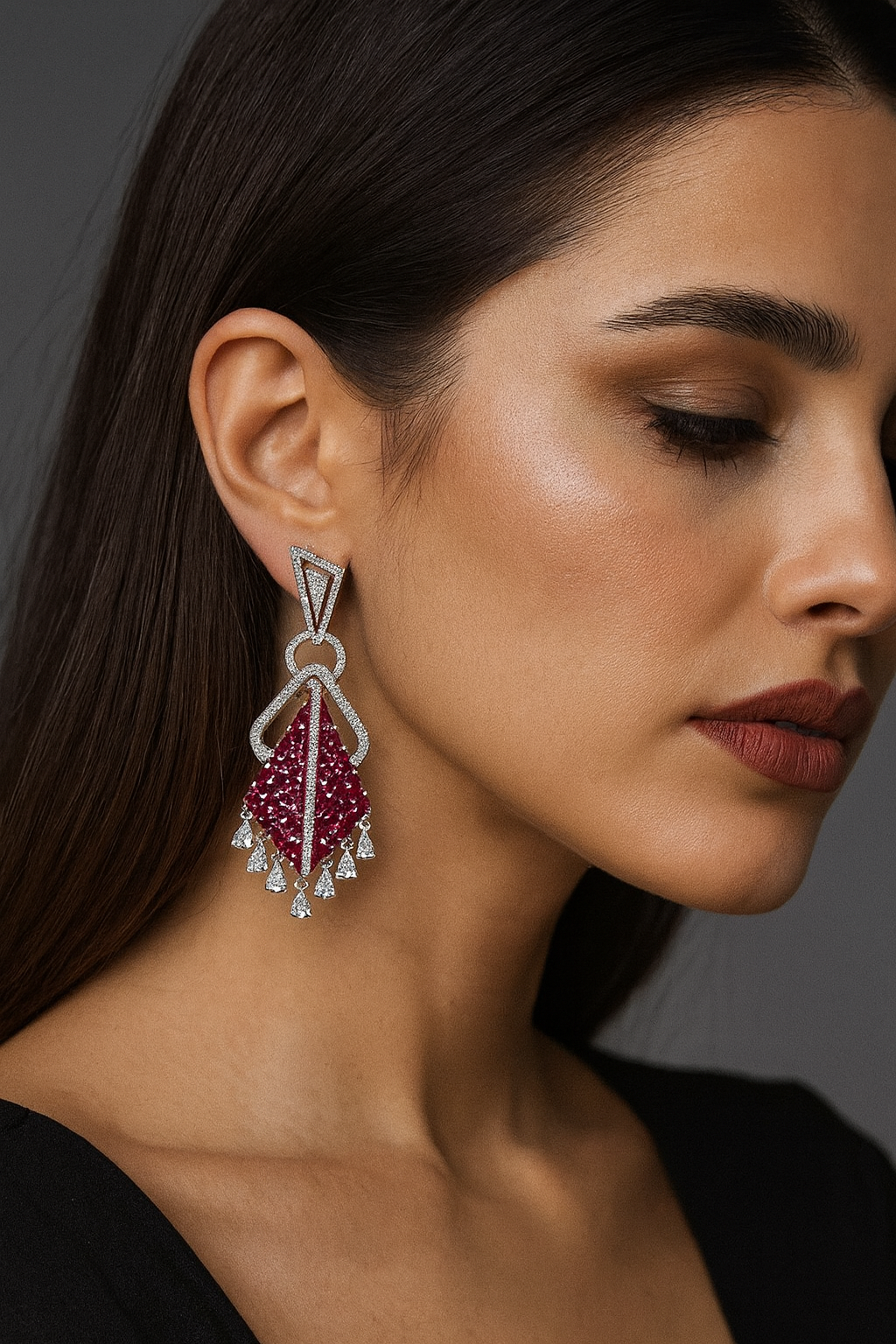 Unique Statement Earrings with Pink Stones and Sparkling Drops