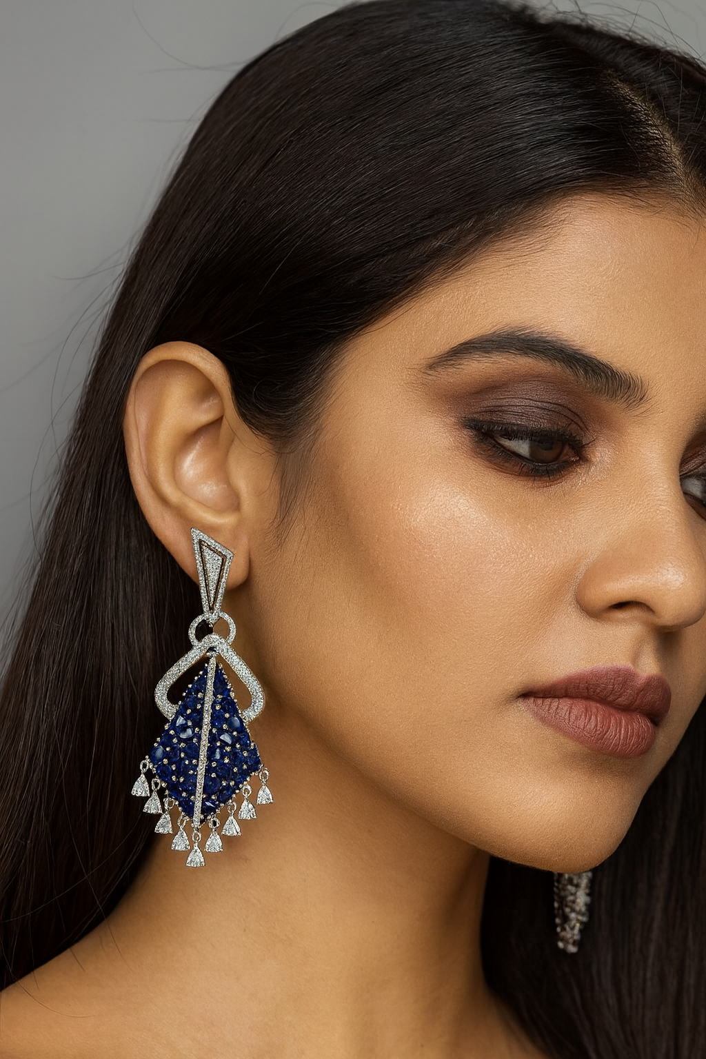 Unique Statement Earrings with Blue Stones and Sparkling Drops