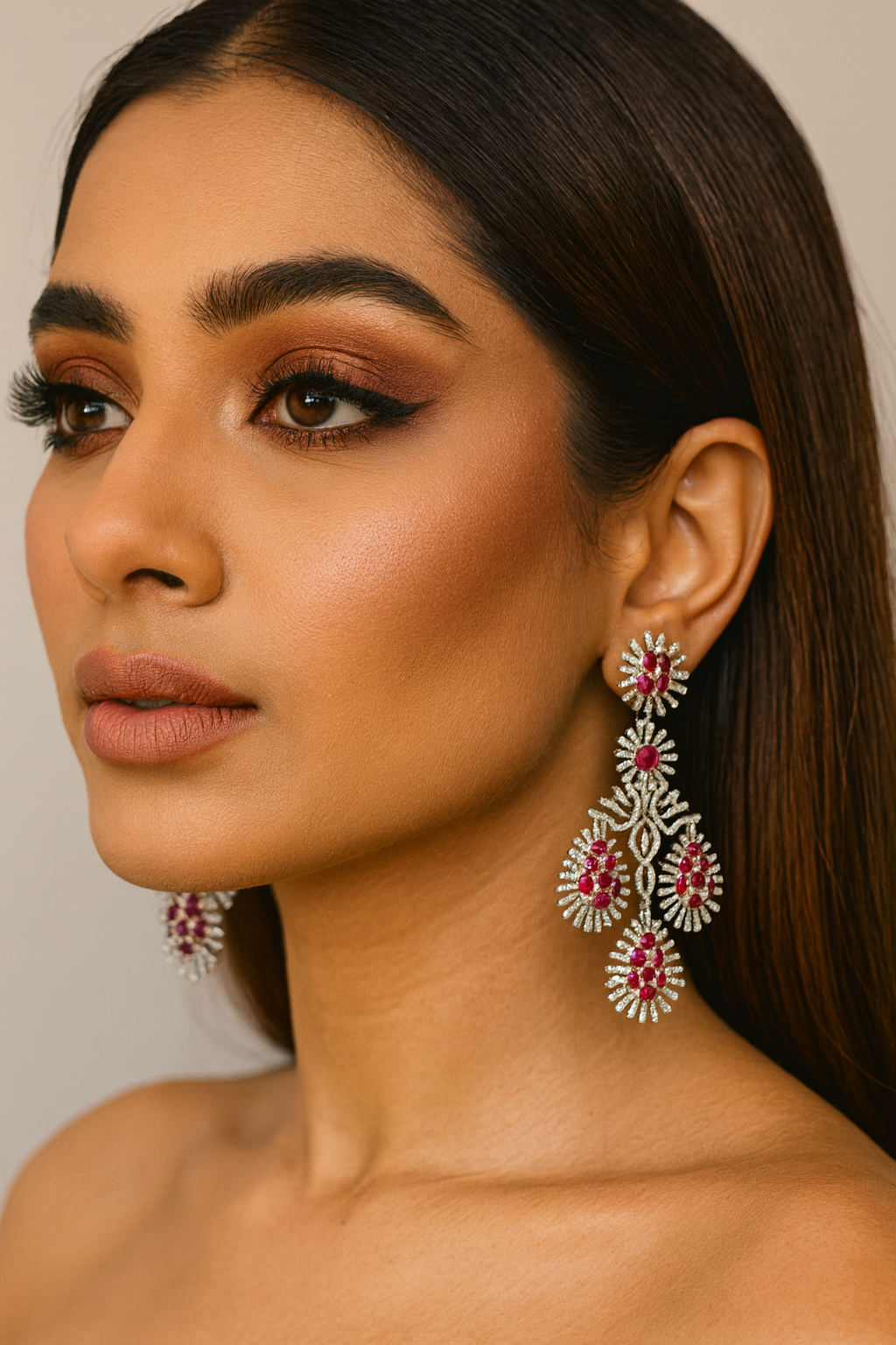 Antique Ruby & Diamond Long Earrings with silver polish And CZ Stone for women