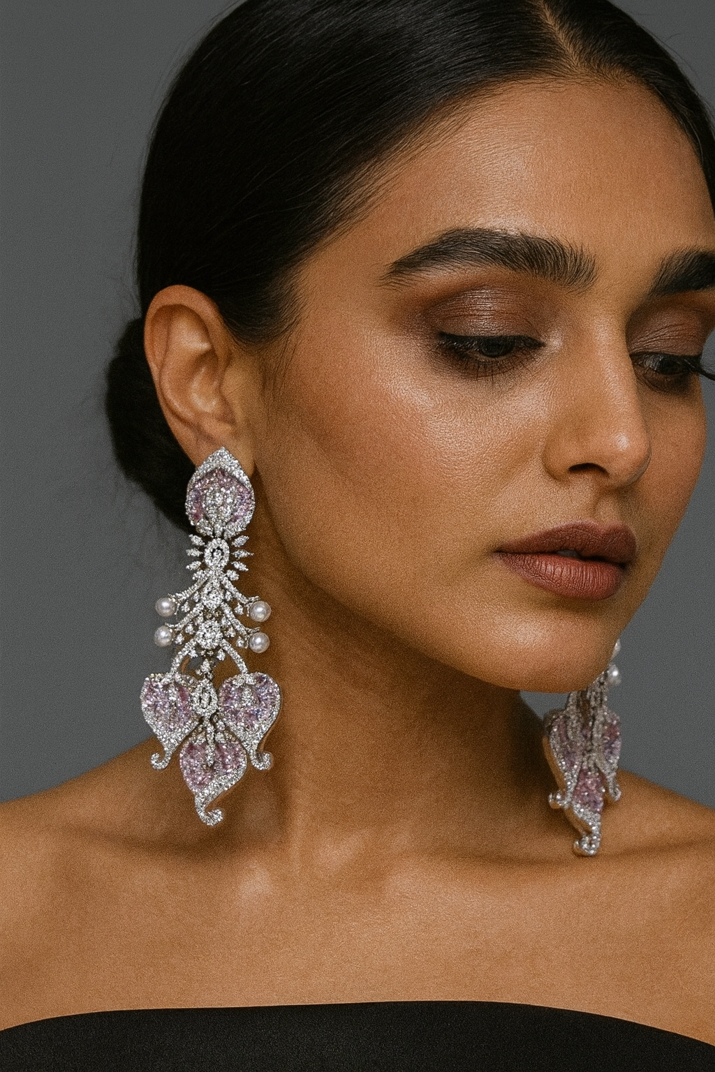Elegant Long Earrings with Pink Stones, Pearls & White Crystals